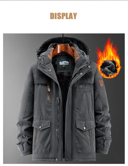 Thick Coat Winter Outdoor Running Sports Windproof Warm Fleece Hooded Cargo Jacket Men Removable Hood Thick Warm Fleece Jacket.