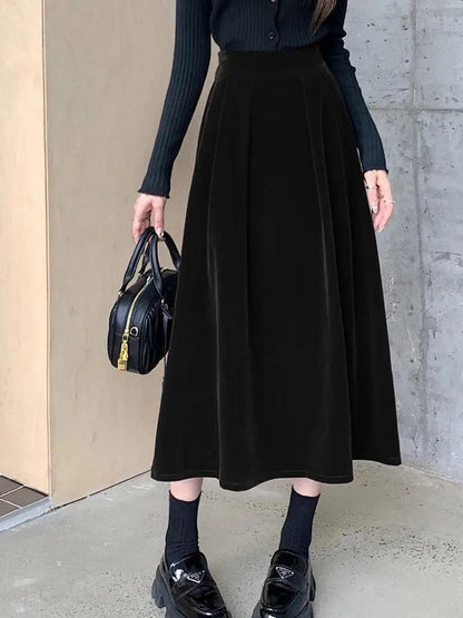 Autumn Winter Warm Vintage Red Elegant Velvet A-line Skirt For Women 2023 High Waist Casual Black Party Pleated Big Swing Skirts