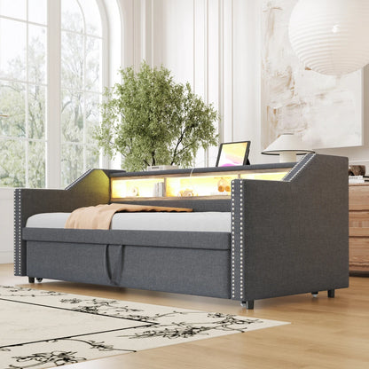 Ausziehbares Schlafsofa 90/180 x 190 cm, multifunktionales Aufbewahrungsfach, LED-Licht und USB-Buchse, mit Gitter, Dunkelgrau