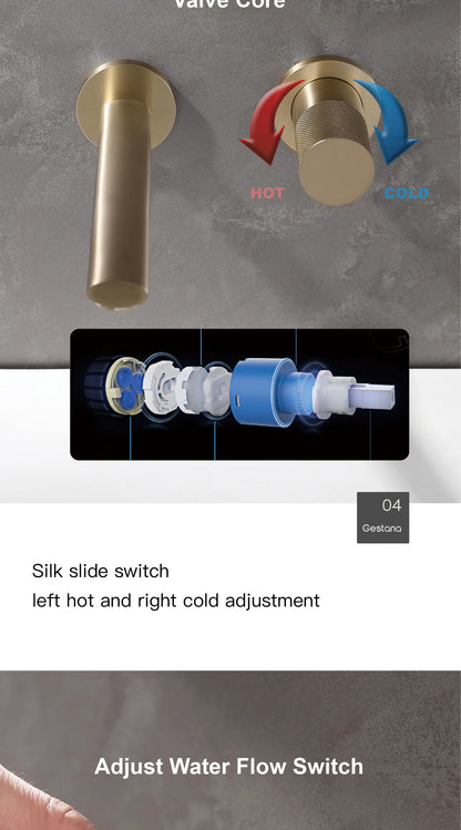 Luxury brushed gold brass wall mounted adjustable water volume bathroom faucet Embedded design for hot and cold water basin Tap
