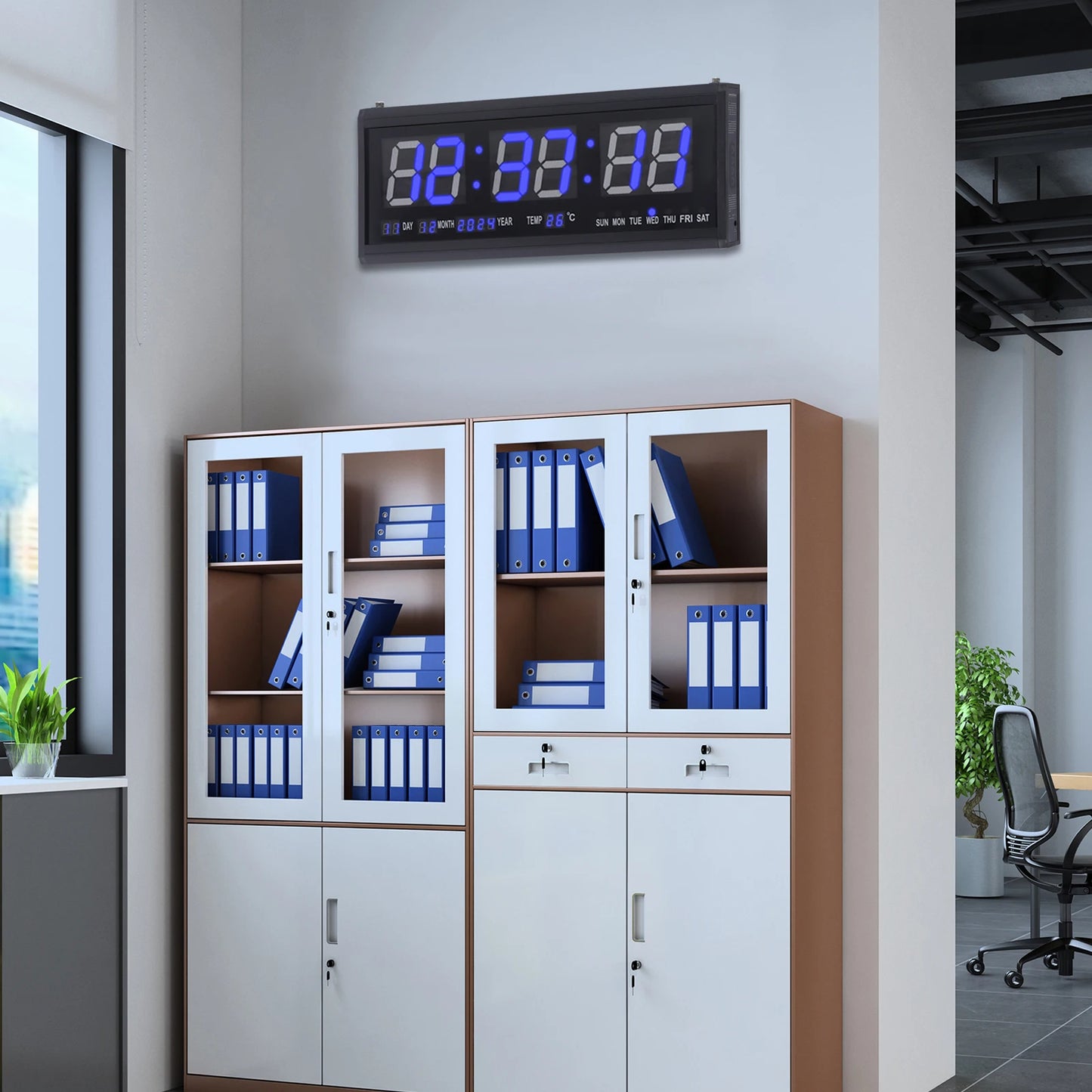 220 V große LED-Digital-Wanduhr, Zeit, Temperatur, Datum, Woche, Anzeige, automatischer Dimmer, leuchtende, leise Tischuhr, Wanduhr, 48 x 19 cm