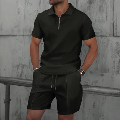 2025 Men Europe and the United States new summer Waffle solid color zip-up lapel short-sleeve suit shorts two sets