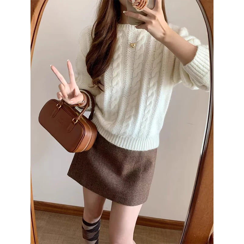 YENKYE Women Vintage High Waist Woolen A-line Mini Skirt Elegant Lady Office Wear Autumn Winter Skirts.