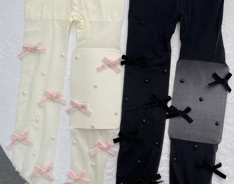 Sweet Pure Desire Butterfly Knot Stockings Pearl Pantyhose Women's Ultra Thin Any Cut Anti Snag Long Tube Socks.