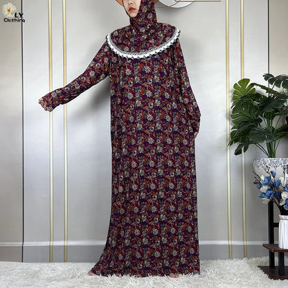 Muslim Ramadan Prayer For Women Long Sleeved Floral 2023Dubai Turkey Middle East Femme Loose Robe African Abayas Headscarf Dress.