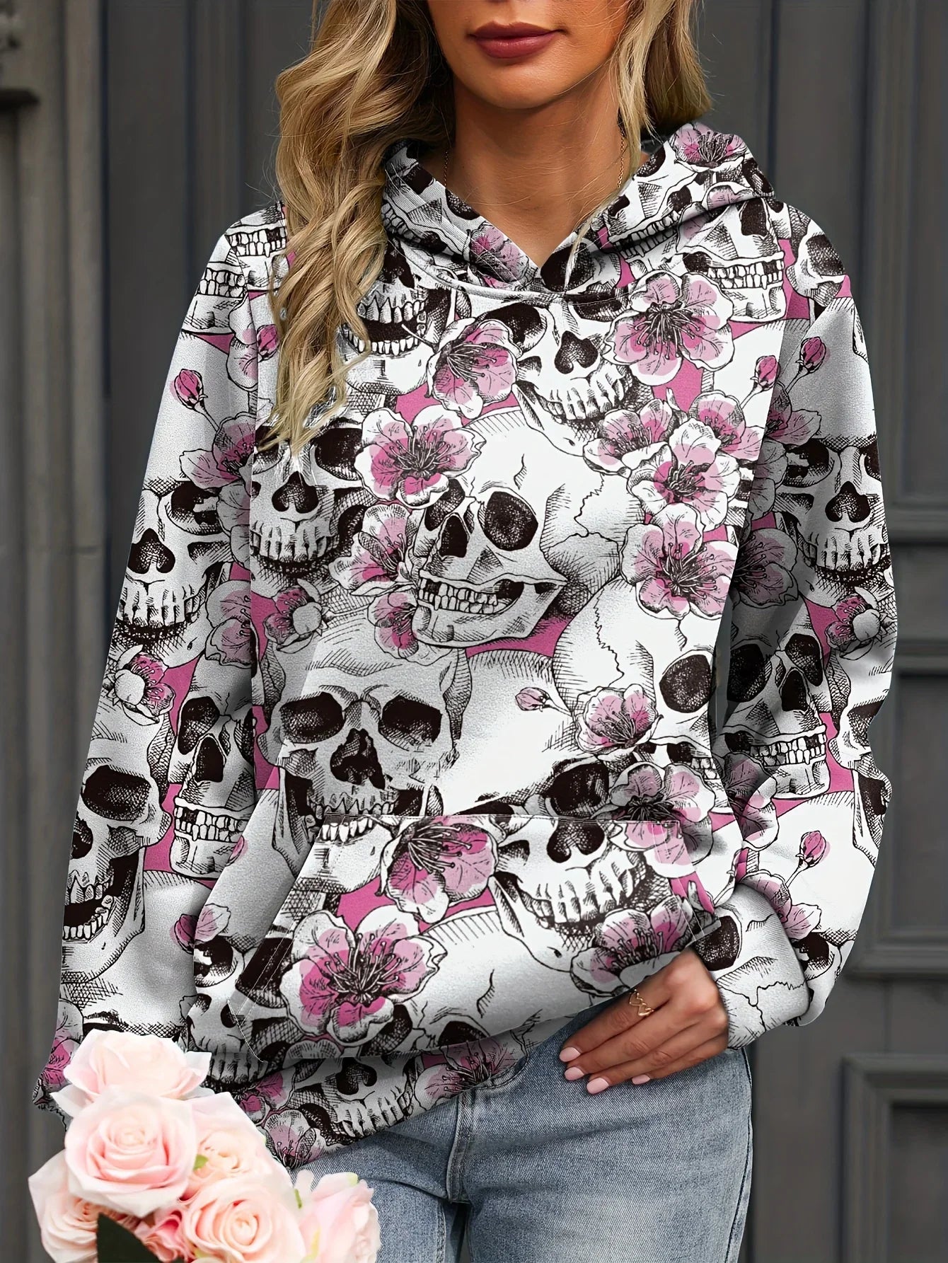 Autumn Floral Skull 3D Print Hoodies Women Fashion Casual Harajuku Sweatshirts Oversized Hood Pullover Female Tracksuit Clothing.