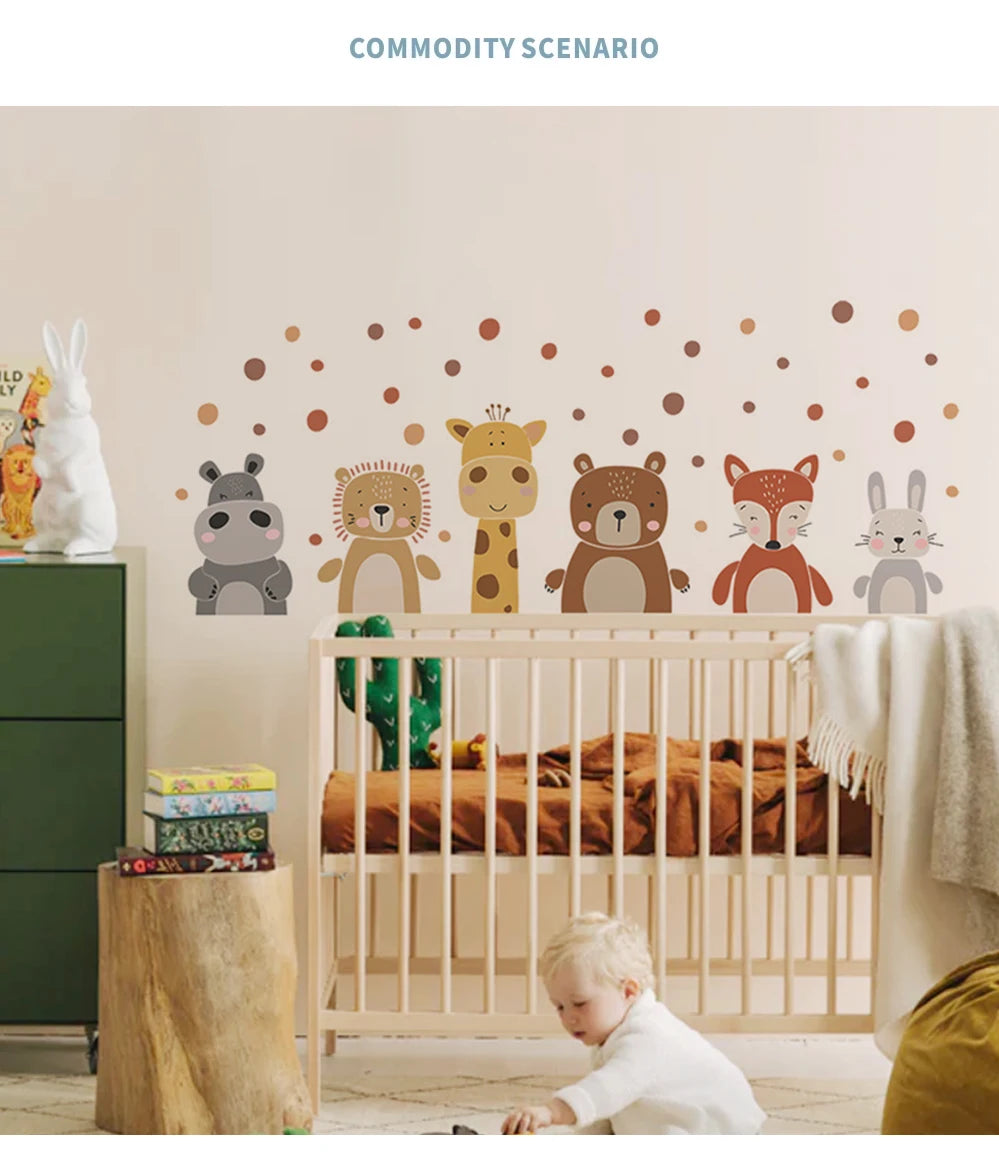 Boho Cute Giraffe Bear Animals Dots Wall Sticker Nursery Vinyl Children's Wall Art Decals for Baby Kids Room Home Decoration.