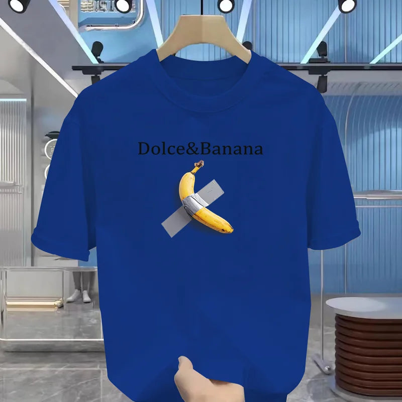 100% pure cotton banana print slimming for men in summer, suitable for casual round-neck short-sleeved T-shirt tops.
