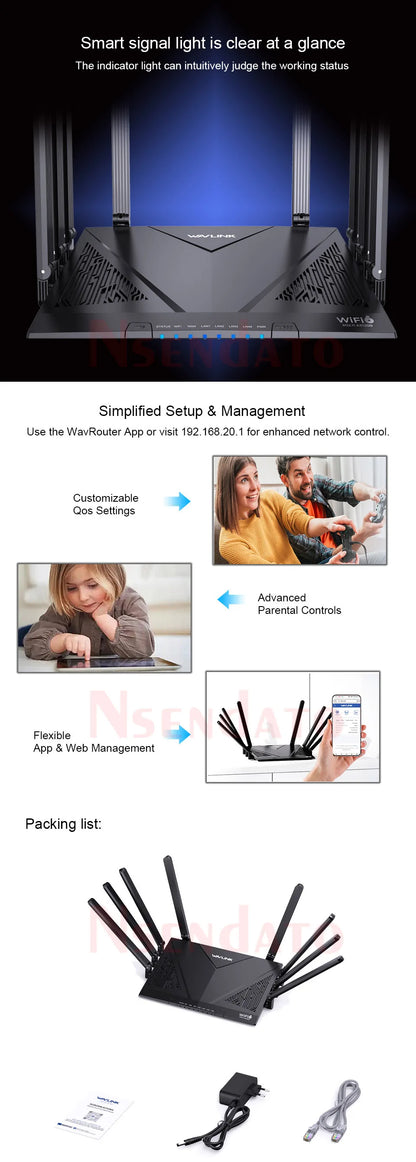 WAVLINK AX6000 WiFi 6 Dual Band Mesh Router with 4x1000Mbps 2.5Gbps WAN/LAN With Wifi Game Mesh/Router/AP/Reapter Mode For Home.