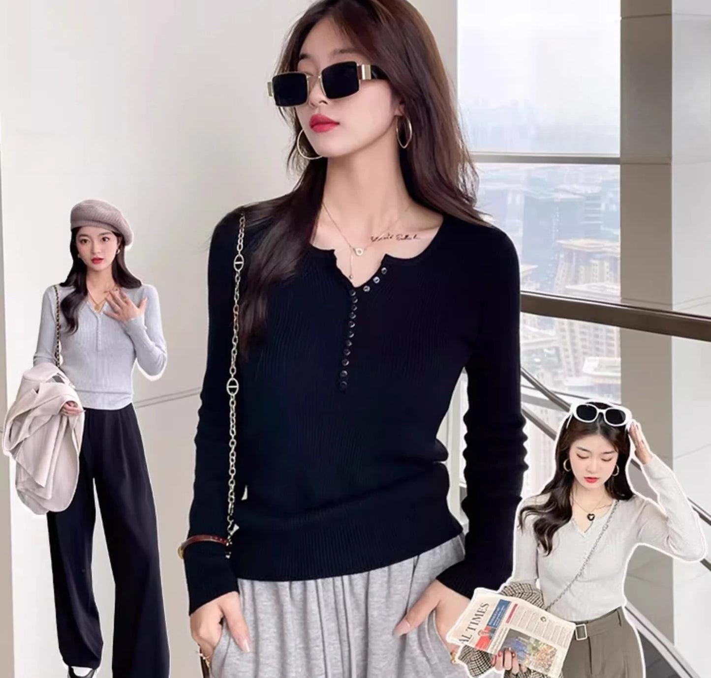 2025 frauen Solide Strick Pullover Herbst Winter Pullover V-ausschnitt Taste Langarm Schlank Pullover Koreanische Casual Basis Schicht Y2k