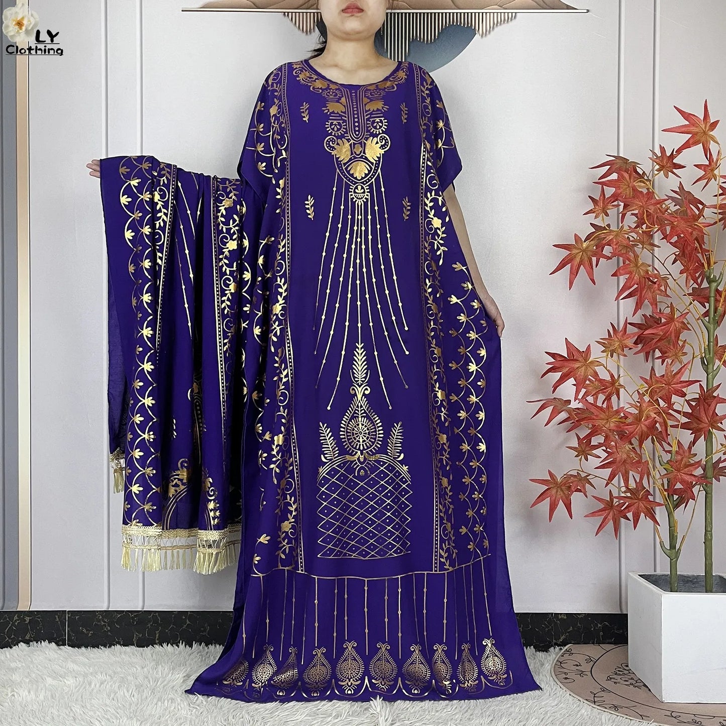 2023 New Muslim Summer Short Sleeve Robe Gold Stamping Boubou Maxi Women Femme Loose Dress With Big Scarf African Abaya Clothes