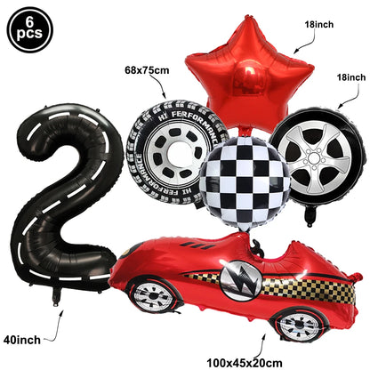 Rennwagen-Thema, zwei schnelle Jungen, Partydekorationen zum 2. Geburtstag für Rennwagen, karierte Flaggen, Rennrad, Einweggeschirr