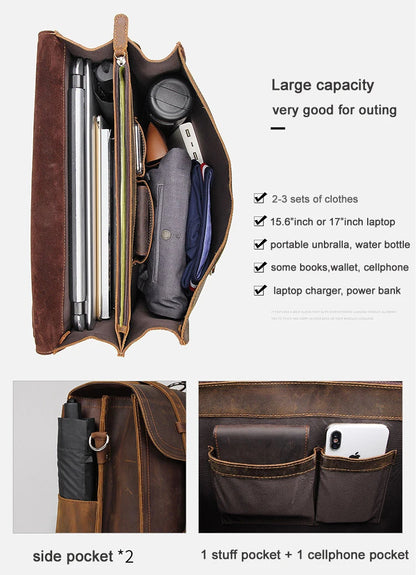 Vintage verrückte Pferd Echt leder Männer Aktentasche große Business-Tasche Einkaufstasche 15.6 "Laptop-Tasche Attache männliche Umhängetasche
