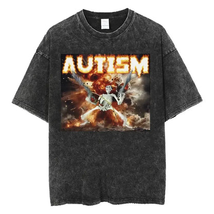 Autism Skeleton Meme T Shirt Human Funny Skull Men Women Harajuku Gothic Vintage Washed T Shirts Oversized Casual Cotton T-shirt
