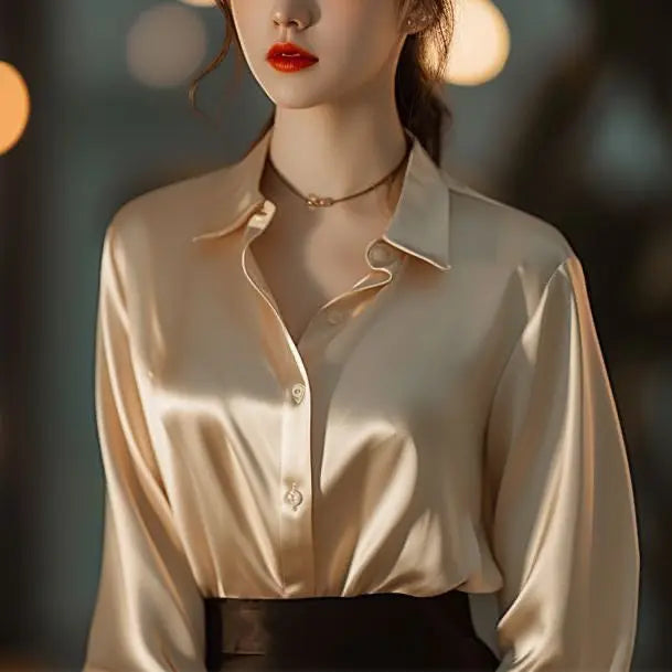Spring Summer Casual Women's Satin Shirt Lapel Long Sleeve Blouse Loose Solid Color Office Lady Fashion Shirts Top