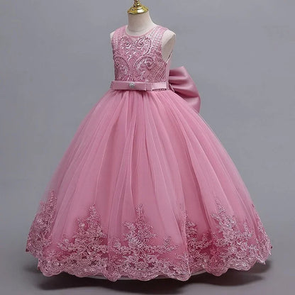 Gesticktes Mesh-Hochzeitskleid, Blumenmädchen-Performance-Mädchenkleid, 4–12 Jahre altes Mädchen-Prinzessinnenkleid mit großer Schleife.