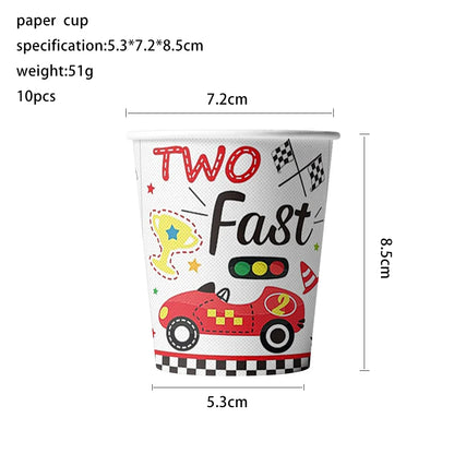 Rennwagen-Thema, zwei schnelle Jungen, Partydekorationen zum 2. Geburtstag für Rennwagen, karierte Flaggen, Rennrad, Einweggeschirr