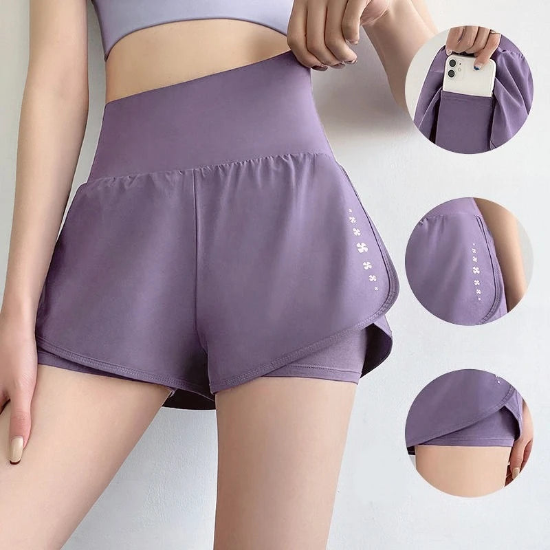 Women Yoga Pocket Shorts Fake Two Piece Anti Peek Shorts High Elastic Loose Fashion Casual Gym Trainning Three Point Pants