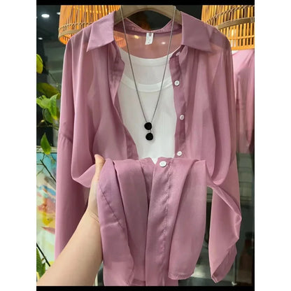 1pcs Woman Four Seasons Shirt Lady Thin Sunscreen Shirts Female Casual Long Sleeve Turn-down Collar Loose Med-Length Style Tops