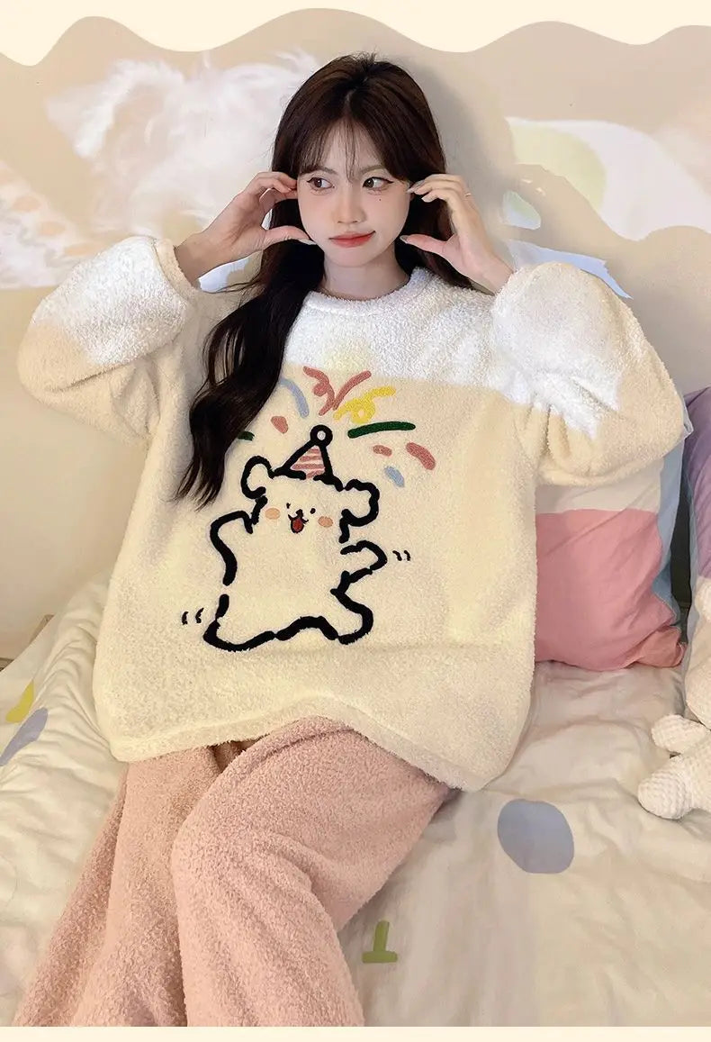 Kawaii Hello Kitty Pajamas Girl Sanrio Long-Sleeved Loungewear Sweet Young Student Girl  Warm Home Clothes Sleepwear Set.