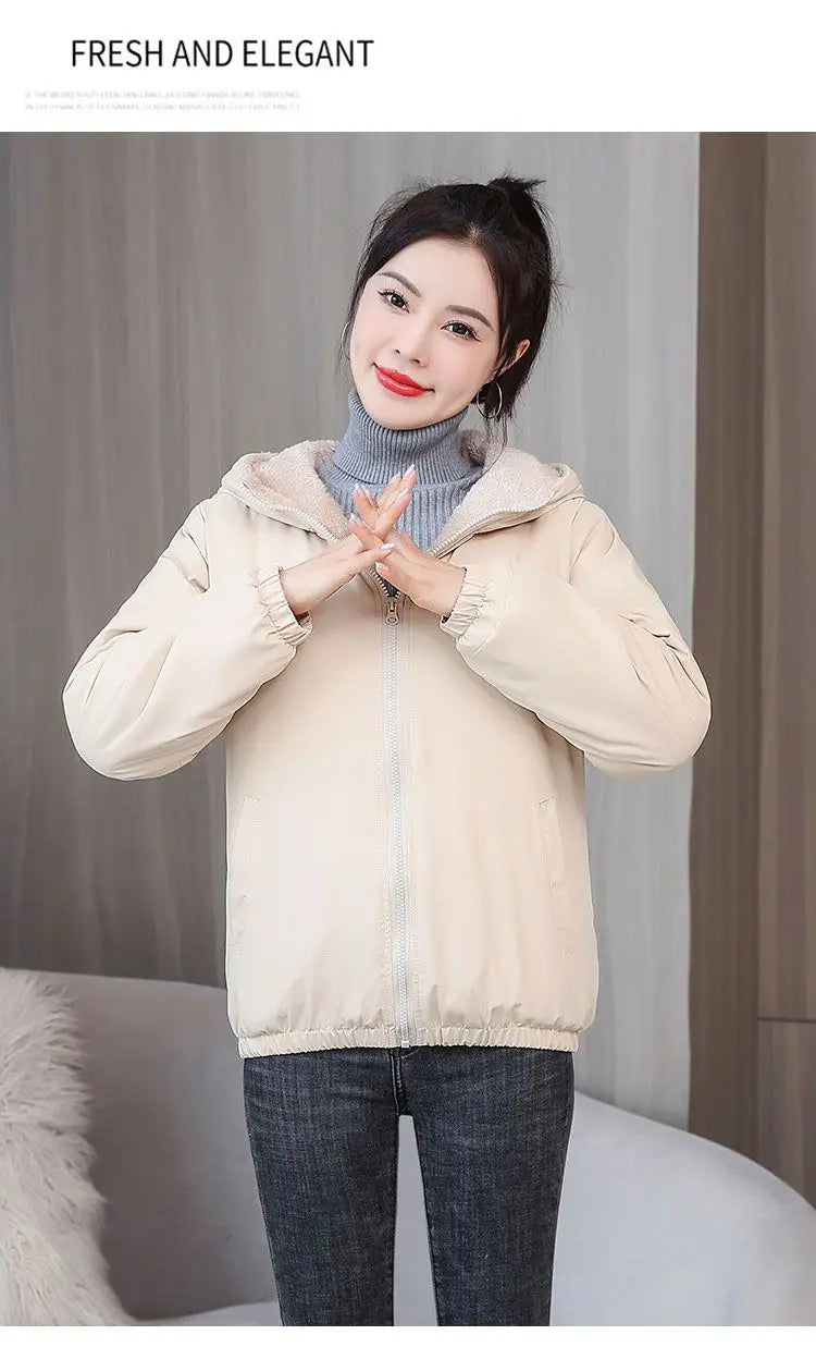 Women's Fleece Coat Winter Warm Thicken Solid Windbreaker Hooded Cotton Plush Hooded Jackets Casual Outdoor Windproof Jacket.