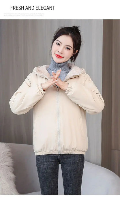 Women's Fleece Coat Winter Warm Thicken Solid Windbreaker Hooded Cotton Plush Hooded Jackets Casual Outdoor Windproof Jacket.