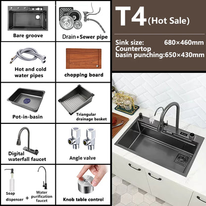 Waterfall Sink Kitchen Stainless Steel Topmount Sink Large Single Slot Wash Basin With Multifunction Touch Waterfall Faucet