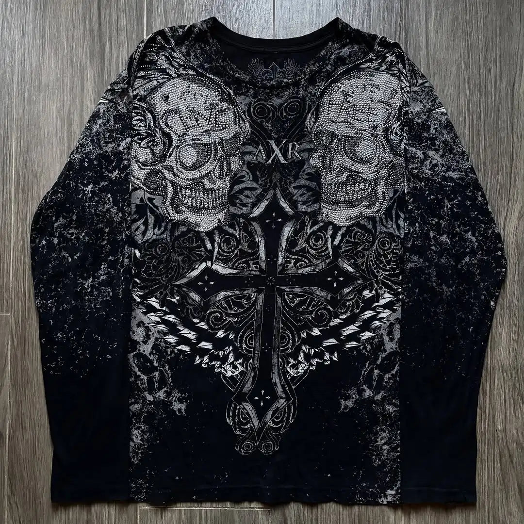 Retro Cross Print American T-shirt  Cotton Round Neck Breathable Shirt Hip Hop Couple American Goth Cross skull print  T Shirts.