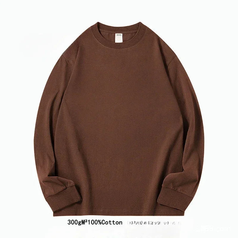 Spring Autumn 300g Heavy-duty Pure Cotton Long Sleeved  T-shirt FLoose White Top Thick Base Layer Underneath for Men and Women.