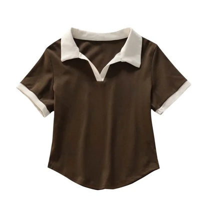 Summer Short Sleeve V-Neck Polo Shirt Women's Short Style Cotton Lycra Ribbed Top Bright Color Block 220g 40 Denier.