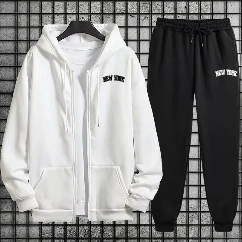 2025 Street Style Men Tracksuit Set 2pcs Zipper Hoodie Sweatpants Urban Streetwear Outfit Autumn Winter City Vibes Sportswear.