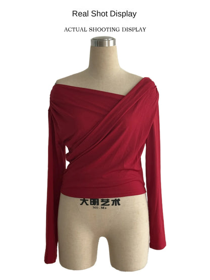 Phantasy New Solid Color Top Fashion Slant Shoulder Collar Shoulder Slimming Long Sleeve Commuter Top Vestido Elegant Tops.