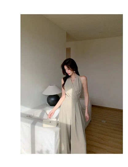 2025 Women Summer Clothes Sexy Halter Backless Folds Jumpsuits Female Wide Leg Loose Rompers Ladies Solid Long Jumpsuit C260.