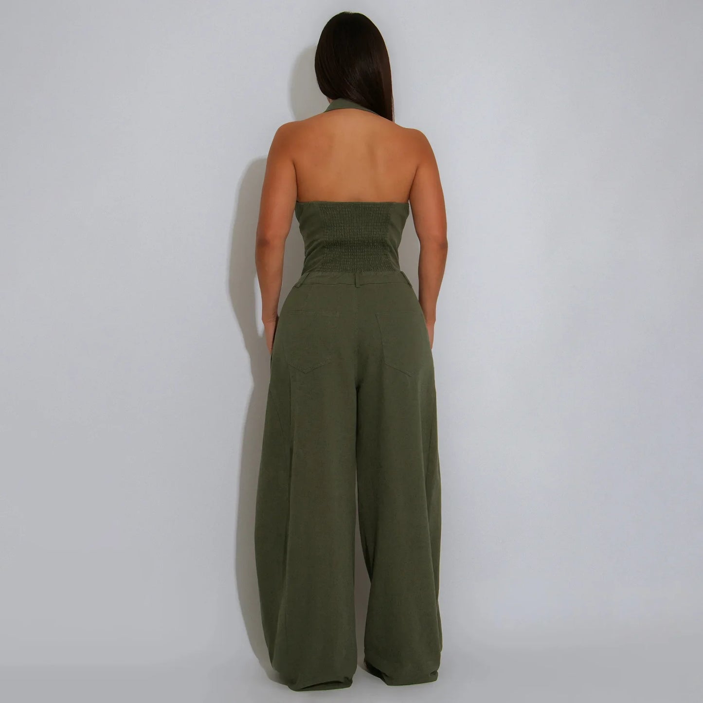 Fashionable Backless Casual Romper with Pockets for Women Summer Breathable Lightweight Solid Color One-Piece Suit.