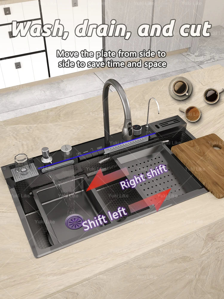 Stainless Steel Waterfall Kitchen Sink Extra Large Single Slot Multifunctional Sinks Digital Display Dishwashing Basin