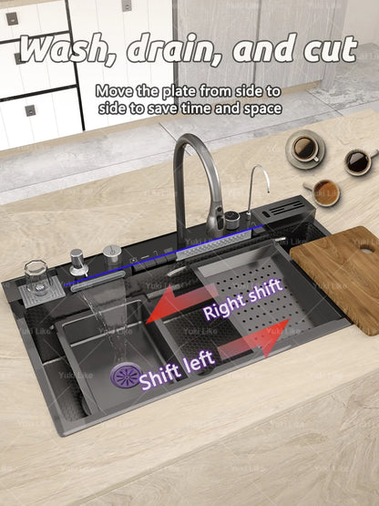 Stainless Steel Waterfall Kitchen Sink Extra Large Single Slot Multifunctional Sinks Digital Display Dishwashing Basin