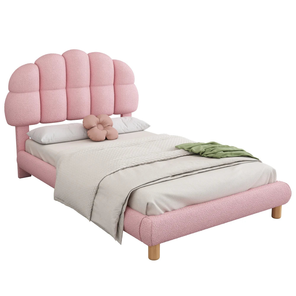 Modernes 90x200cm Einzelbett, Kinderbett, Jugendbett, Polsterbett, Holzgittergrill, Fleeceimitation, Weiß und Rosa