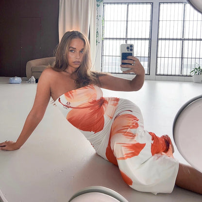 CUTENOVA Damen 2024, neues, mit Blumenmuster bedrucktes, schlauchloses Kleid, lässig, Urlaub, schulterfrei, schlank, Strand, bodenlang, langes Kleid.