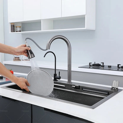 Stainless Steel New Kitchen Sink Household Piano Keys Multifunctional Waterfall Large Single Slot Dish and Vegetable Wash Basin