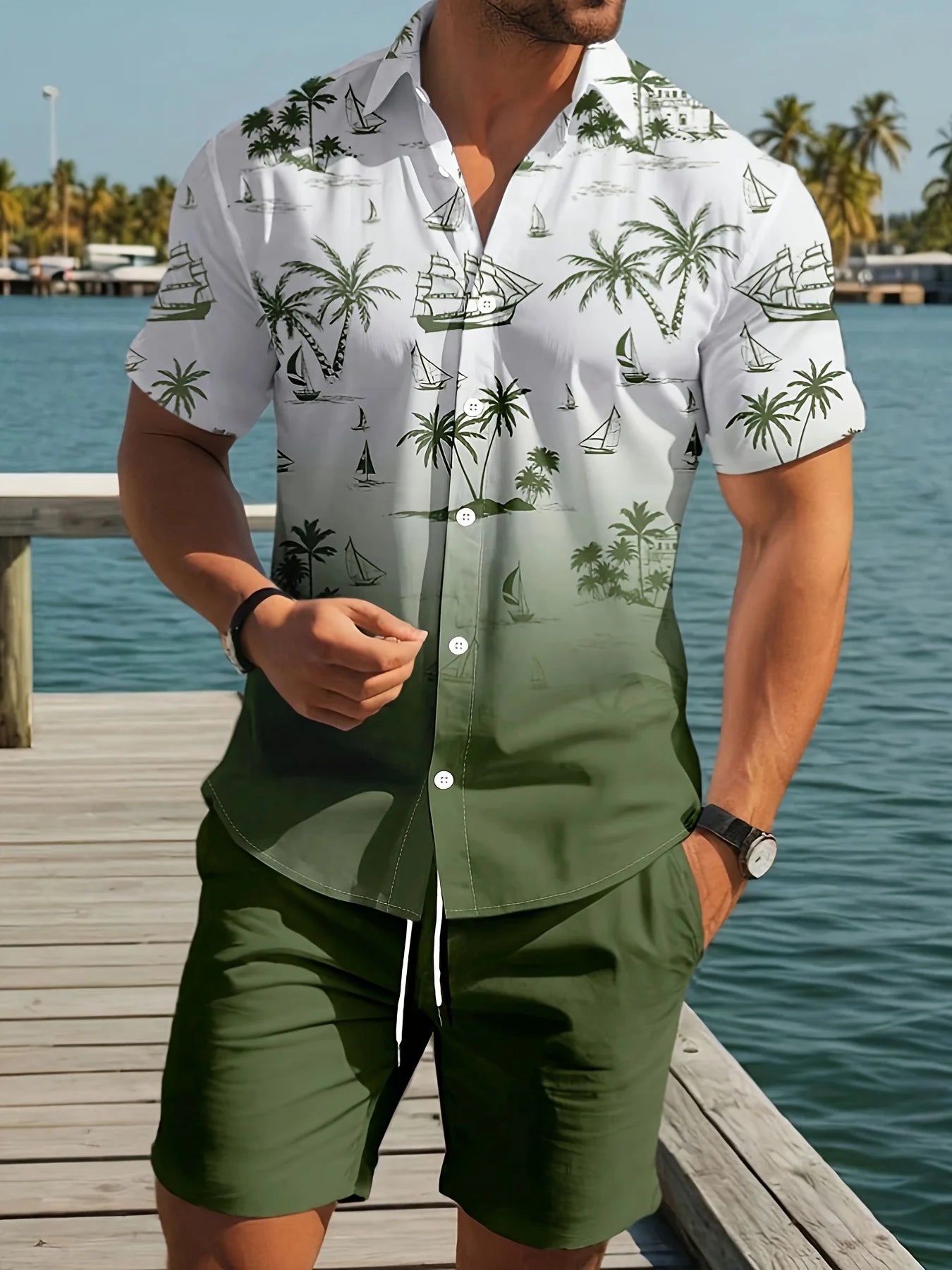2pcs Men's Tropical Palm Tree Print Shorts & Shirt Set Drawstring Waist Summer Beachwear Casual Attire Tropical Print Asian Size.