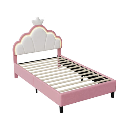 Anajqaqia 90×200 cm gepolstertes Einzelbett, Kinderbett mit LED-Leuchten, mit Lattenrost und Kronenkopfteil, Samt