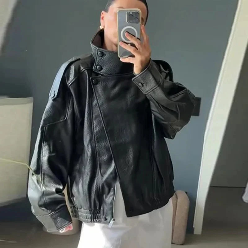 Street PU Leather Loose Jacket Women Fashion Solid Full Sleeve Stand Collar Single Breasted Coats Female 2025 Autumn Lady Coat.