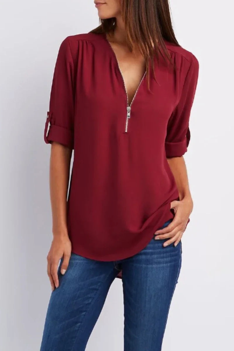 2024 Quality HotSale Plus Size Deep V Neck Women Blouse Chiffon Cool Loose Shirt Fashion Casual Ladies Tops Sexy Zipper Pullover.