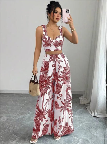Sexy Strapback Halter Tops Long Pants Female 2-piece Set Summer Fashion Printed Wide-leg Pocket Trousers Elegant Women's Suit.