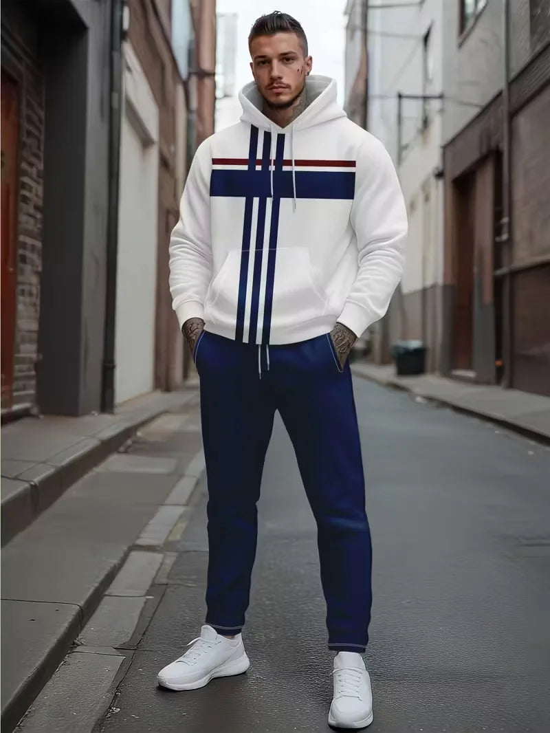 Autumn and Winter Casual Men's Sweatshirt Sets Fashion Striped Print Hoodies and Pants 2 Piece Outfit Outdoor Loose Sports Suit.