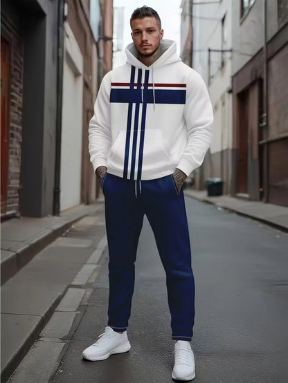 Autumn and Winter Casual Men's Sweatshirt Sets Fashion Striped Print Hoodies and Pants 2 Piece Outfit Outdoor Loose Sports Suit.