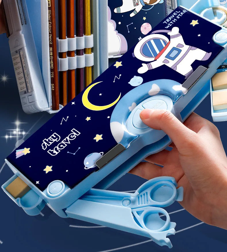 Mechanisches, verformbares, niedliches Federmäppchen mit Stifteinsatz, multifunktionaler Schlüsselschalter, Cartoon-Aufbewahrungsbox für Schule und Schreibwaren aus Kunststoff.