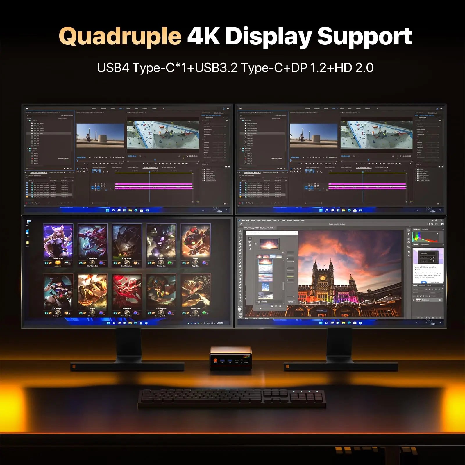 PELADN Gaming WO-4 Mini PC AMD Ryzen 5 7640HS(6 Cores，Up to 5.0GHz) 32GB Dual DDR5 1TB PCIe3.0 SSD Quadruple 4k Display support.