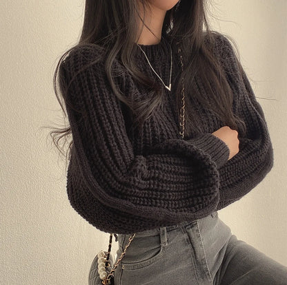 Koreanische Lose Langarm Pullover Mode Frauen Harajuku Laterne Stricken Oansatz Solide Grund Jumper Herbst Winter Weiche Warme Pullover