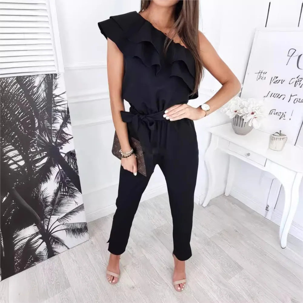 Summer Sexy Strapless Sleeveless Women's Party Jumpsuit Fashion Peplum Slim Fit Lace Up Elegant Female Office Jumpsuit Bottoms.